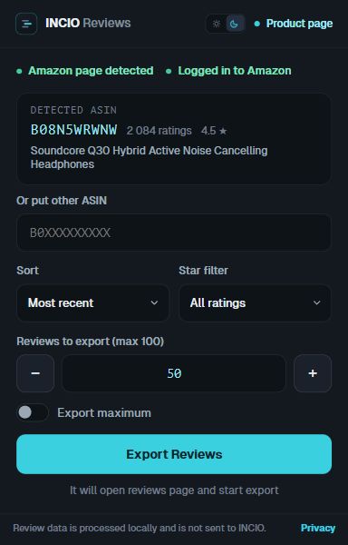 INCIO Reviews extension popup showing Amazon product detection, review filters, a 100-review maximum, and CSV or JSON export controls